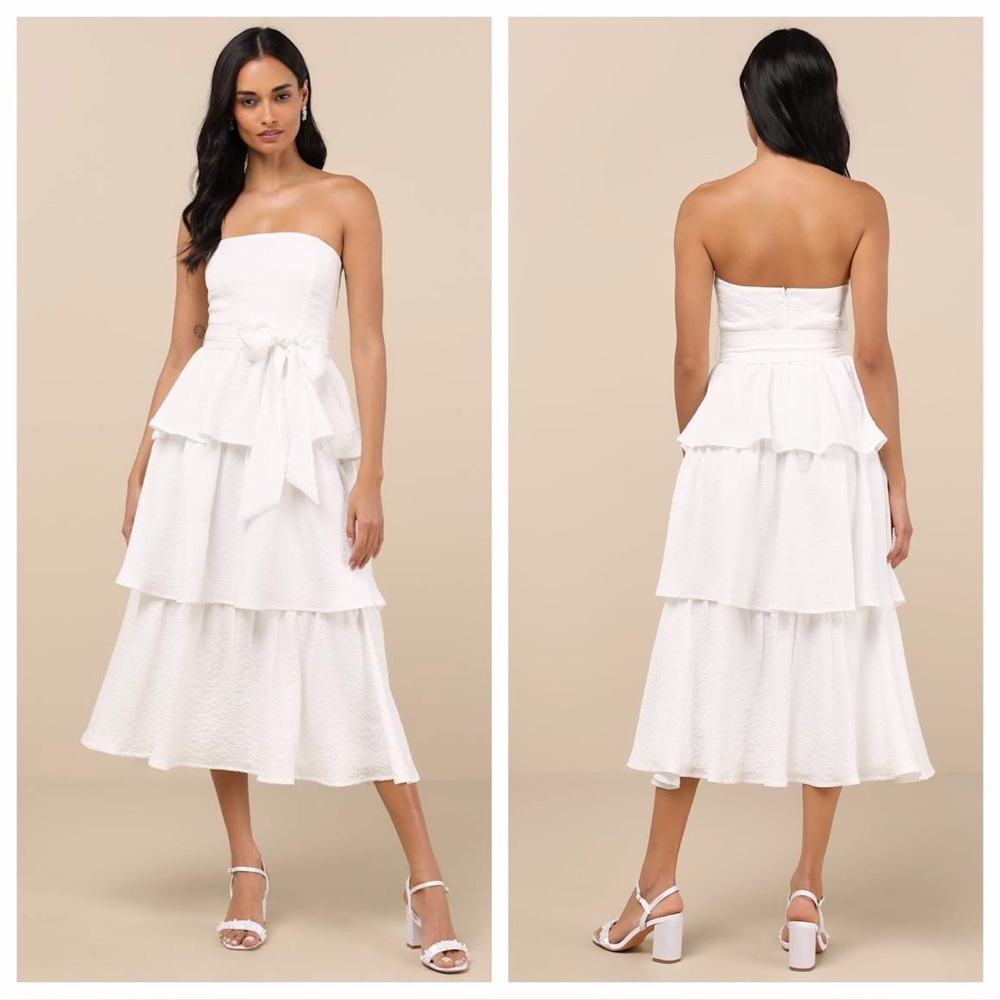 Lulus Truly Marvelous White Jacquard Strapless Tiered Midi Dress